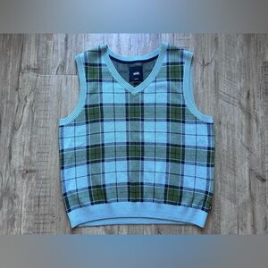 Vans Men's Blue Green Plaid Sweater Vest preppy skater academia school teacher